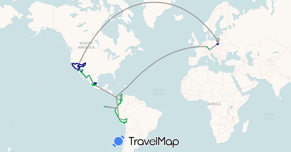 TravelMap itinerary: driving, bus, plane, cycling, train, hiking, boat, hitchhiking in Colombia, Germany, Dominican Republic, Ecuador, Mexico, Norway, Panama, Peru, Poland, United States (Europe, North America, South America)
